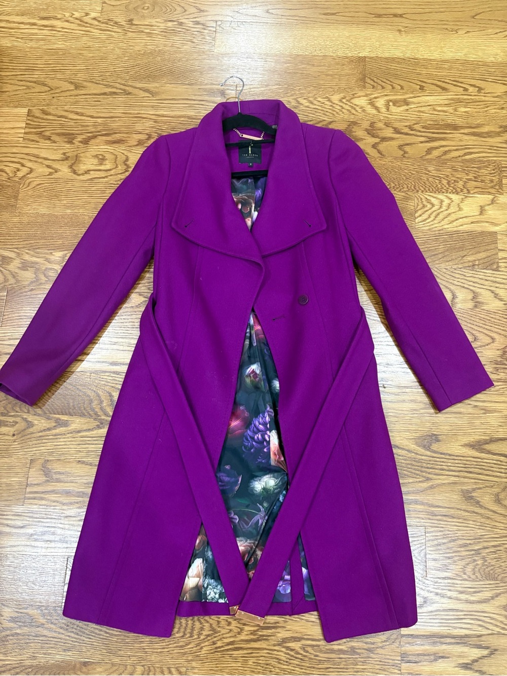 Ted Baker Magenta Wool Trench Coat with Floral Lining